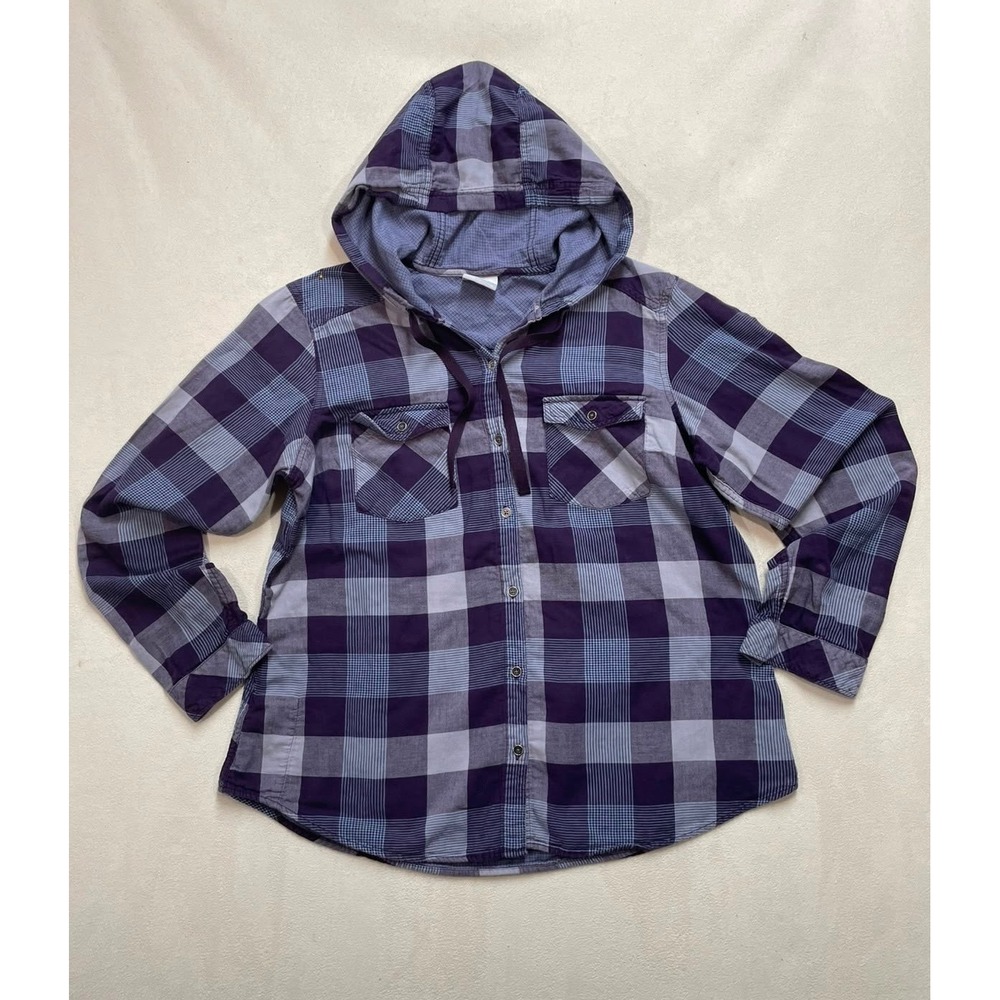Columbia Womens Purple Plaid Hooded Flannel Shirt Button Down Size XL RN69724